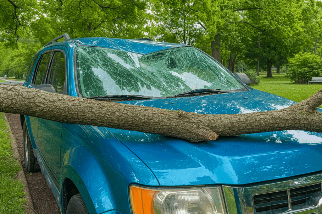 Tree falls on my car who's at fault — damaged blue SUV with windshield crushed by fallen tree branch.