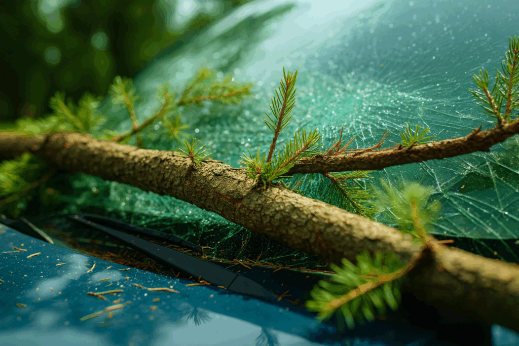 Fallen tree branch on car windshield showing severe damage, highlighting legal and insurance issues about tree falls on my car who’s at fault.