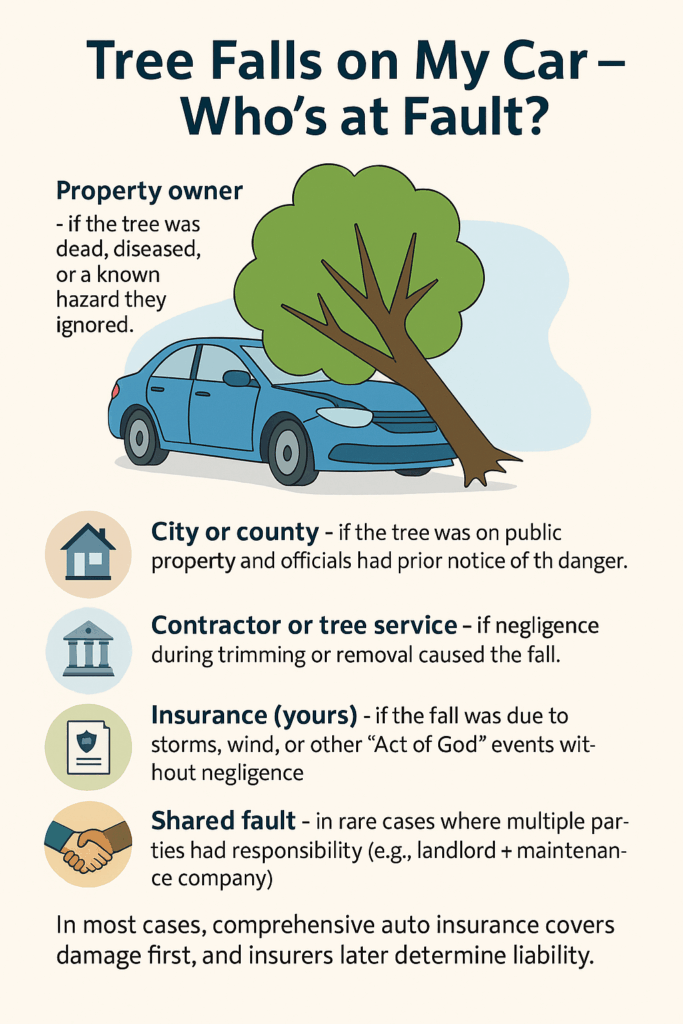 Infographic explaining tree falls on my car who’s at fault with icons for property owner, city, contractor, insurance, and shared fault