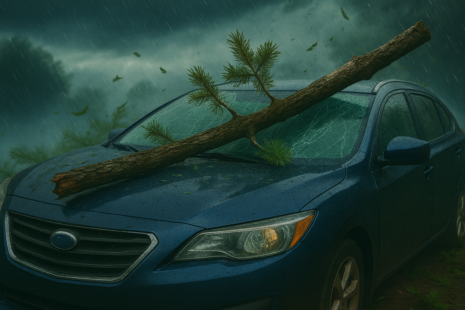 Blue sedan damaged by a fallen tree branch during a severe storm illustrating tree falls on my car who’s at fault