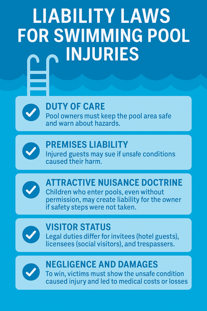 What are the liability laws for swimming pool injuries infographic explaining duty of care, premises liability, attractive nuisance, and negligence.