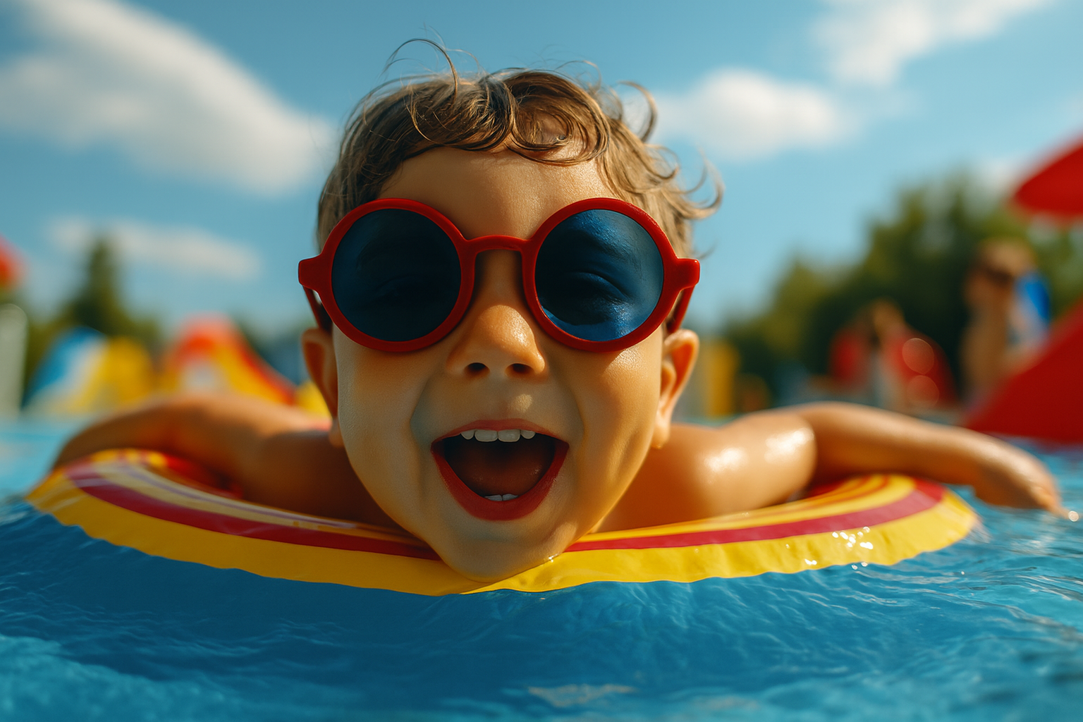 Child floating on a pool inflatable, symbolizing what are the liability laws for swimming pool injuries.