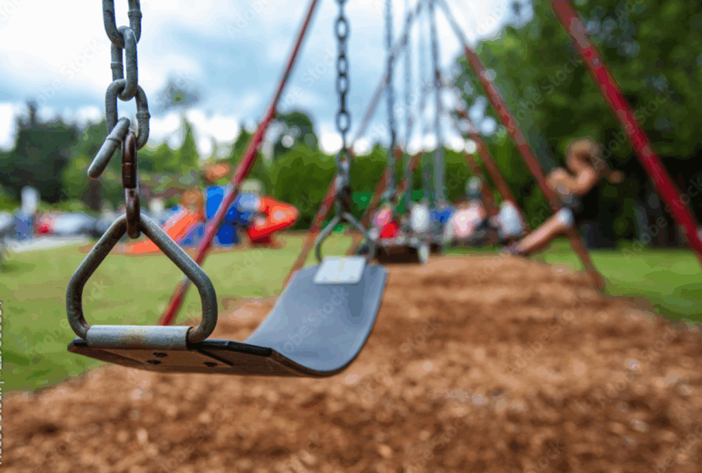 Playground swing with children playing in the background, illustrating the question of who is liable if my child is injured on a playground.