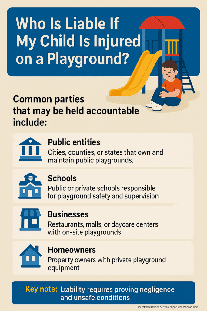 Infographic explaining who is liable if my child is injured on a playground, showing public entities, schools, businesses, homeowners, and manufacturers as possible responsible parties.